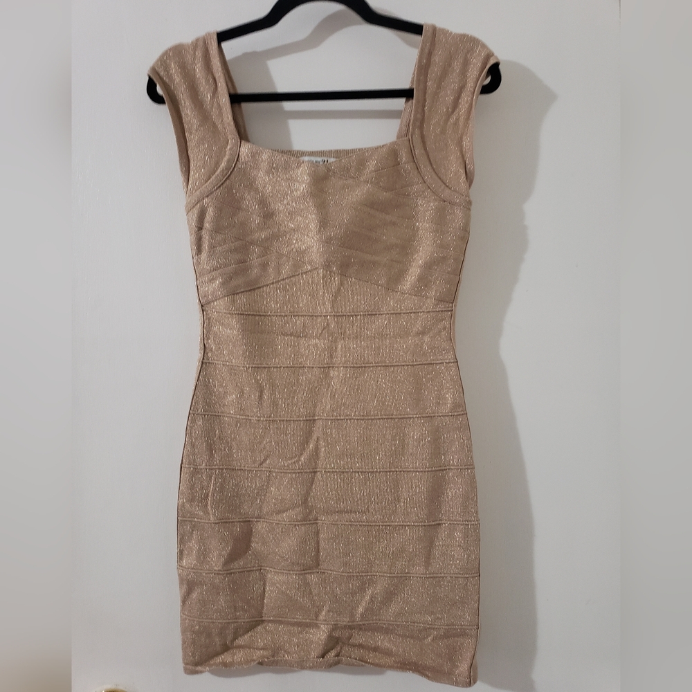 Gold Sparkle Banded Bodycon Dress Sz L - Picture 2 of 5